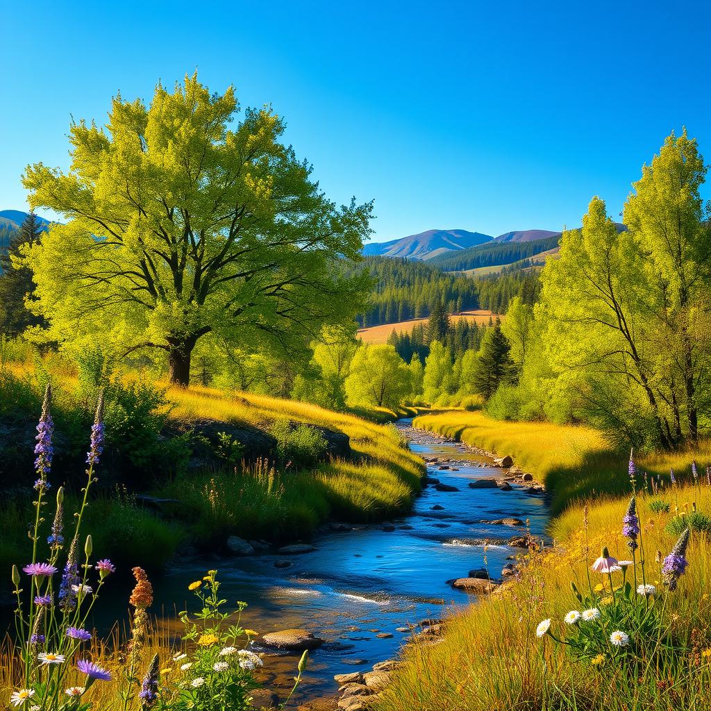 A serene landscape featuring a vibrant natural scene with lush green trees, a clear blue sky, and soft rolling hills in the background