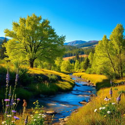 A serene landscape featuring a vibrant natural scene with lush green trees, a clear blue sky, and soft rolling hills in the background