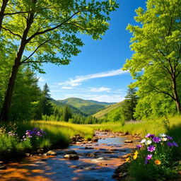A serene landscape featuring a vibrant natural scene with lush green trees, a clear blue sky, and soft rolling hills in the background