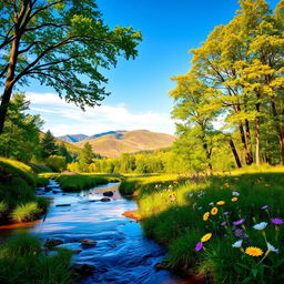 A serene landscape featuring a vibrant natural scene with lush green trees, a clear blue sky, and soft rolling hills in the background