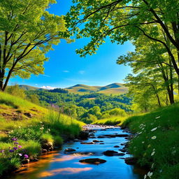 A serene landscape featuring a vibrant natural scene with lush green trees, a clear blue sky, and soft rolling hills in the background