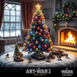 A beautifully decorated Christmas tree adorned with colorful lights, shimmering ornaments, and a sparkling star on top, surrounded by miniature units inspired by Art of War 3: Global Conflict
