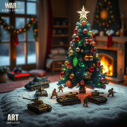 A beautifully decorated Christmas tree adorned with colorful lights, shimmering ornaments, and a sparkling star on top, surrounded by miniature units inspired by Art of War 3: Global Conflict