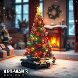 A beautifully decorated Christmas tree adorned with colorful lights, shimmering ornaments, and a sparkling star on top, surrounded by miniature units inspired by Art of War 3: Global Conflict