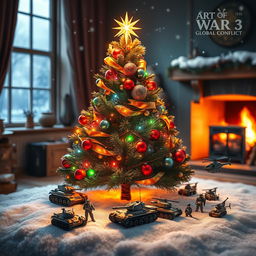 A beautifully decorated Christmas tree adorned with colorful lights, shimmering ornaments, and a sparkling star on top, surrounded by miniature units inspired by Art of War 3: Global Conflict