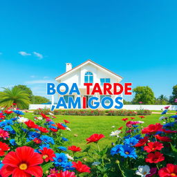A hyper-realistic image of a serene garden under a bright blue sky