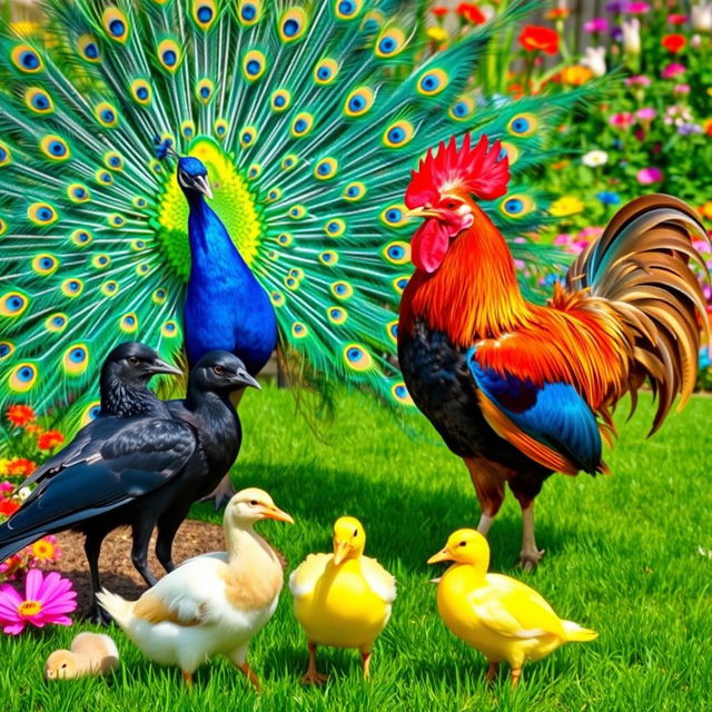 A lively and colorful scene showcasing a peacock with its stunning fan of iridescent feathers, vibrant blues and greens spreading out magnificently behind it