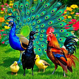 A lively and colorful scene showcasing a peacock with its stunning fan of iridescent feathers, vibrant blues and greens spreading out magnificently behind it