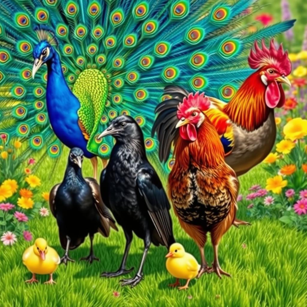 A lively and colorful scene showcasing a peacock with its stunning fan of iridescent feathers, vibrant blues and greens spreading out magnificently behind it