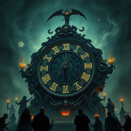 A visually striking illustration of a large, ominous clock representing death, featuring intricate designs with grim reaper motifs and dark colors