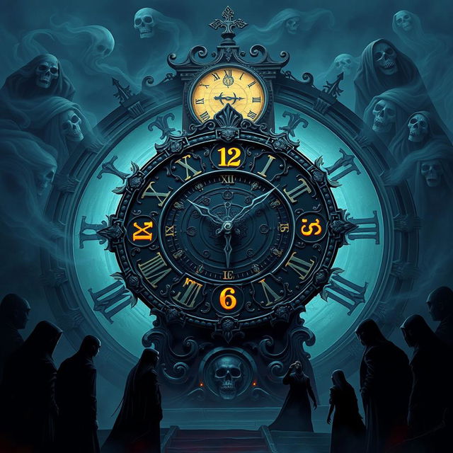 A visually striking illustration of a large, ominous clock representing death, featuring intricate designs with grim reaper motifs and dark colors