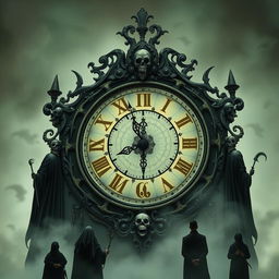 A visually striking illustration of a large, ominous clock representing death, featuring intricate designs with grim reaper motifs and dark colors