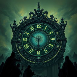 A visually striking illustration of a large, ominous clock representing death, featuring intricate designs with grim reaper motifs and dark colors