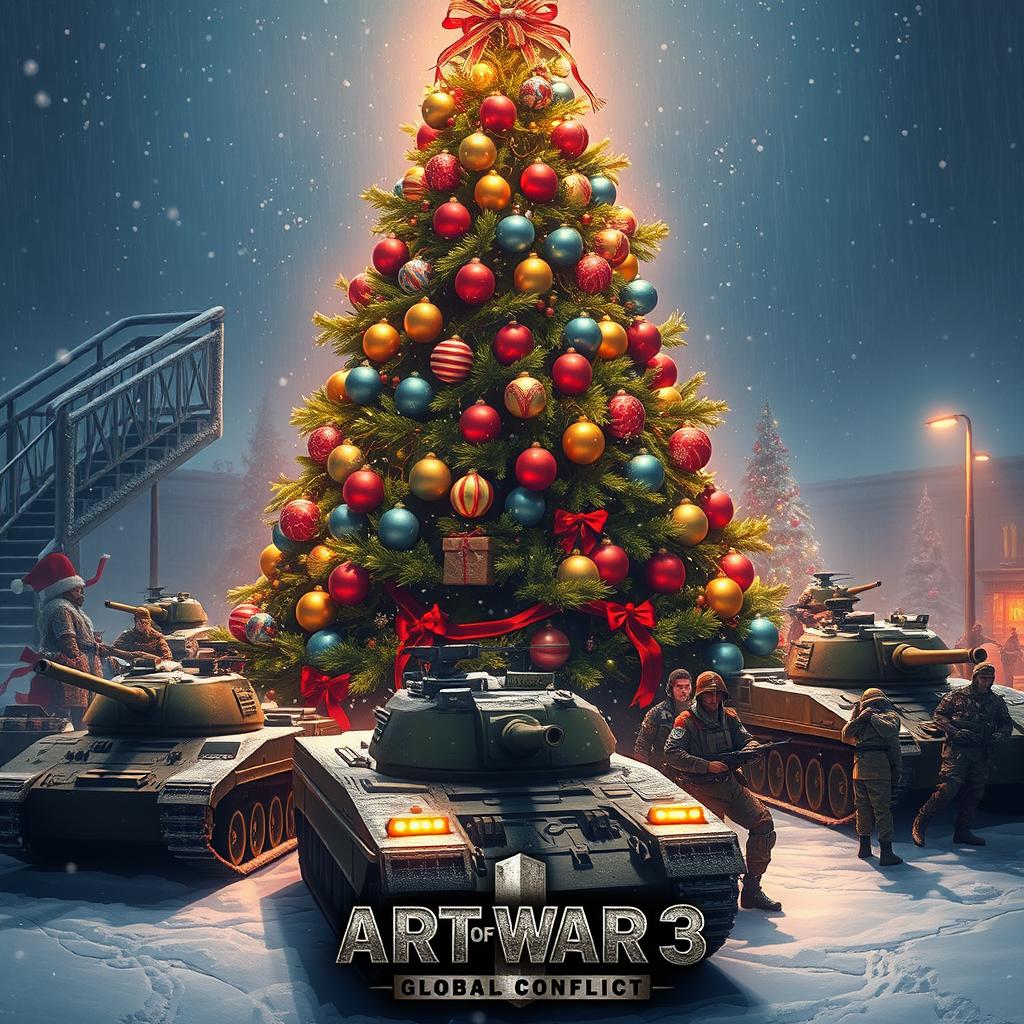 A beautifully decorated Christmas tree filled with colorful ornaments and twinkling lights, surrounded by units and troops inspired by the aesthetic of 'Art of War 3: Global Conflict'