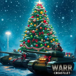 A beautifully decorated Christmas tree filled with colorful ornaments and twinkling lights, surrounded by units and troops inspired by the aesthetic of 'Art of War 3: Global Conflict'