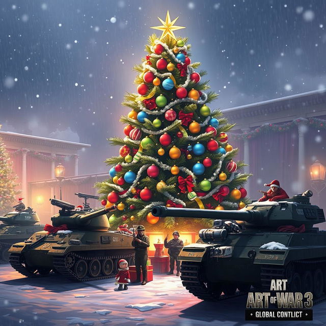 A beautifully decorated Christmas tree filled with colorful ornaments and twinkling lights, surrounded by units and troops inspired by the aesthetic of 'Art of War 3: Global Conflict'