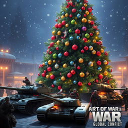 A beautifully decorated Christmas tree filled with colorful ornaments and twinkling lights, surrounded by units and troops inspired by the aesthetic of 'Art of War 3: Global Conflict'