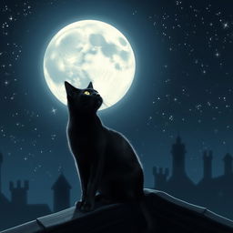 A captivating image of a black cat sitting gracefully on a rooftop, gazing up at a bright silver moon that illuminates the night sky