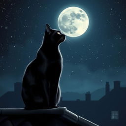 A captivating image of a black cat sitting gracefully on a rooftop, gazing up at a bright silver moon that illuminates the night sky