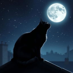 A captivating image of a black cat sitting gracefully on a rooftop, gazing up at a bright silver moon that illuminates the night sky