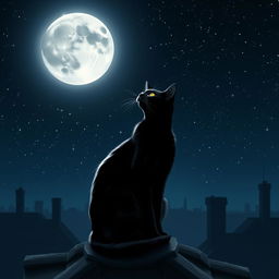 A captivating image of a black cat sitting gracefully on a rooftop, gazing up at a bright silver moon that illuminates the night sky