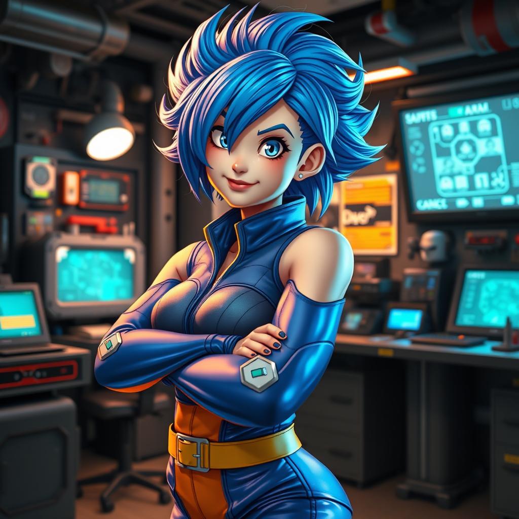 A fantastical depiction of Bulma from Dragon Ball, reimagined as a futanari character featuring vibrant blue hair styled in her iconic look, wearing futuristic clothing with details like holographic textures and bright colors