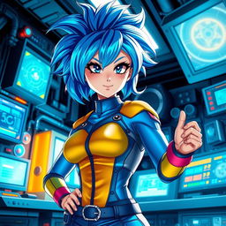 A fantastical depiction of Bulma from Dragon Ball, reimagined as a futanari character featuring vibrant blue hair styled in her iconic look, wearing futuristic clothing with details like holographic textures and bright colors