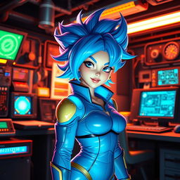 A fantastical depiction of Bulma from Dragon Ball, reimagined as a futanari character featuring vibrant blue hair styled in her iconic look, wearing futuristic clothing with details like holographic textures and bright colors
