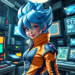 A fantastical depiction of Bulma from Dragon Ball, reimagined as a futanari character featuring vibrant blue hair styled in her iconic look, wearing futuristic clothing with details like holographic textures and bright colors