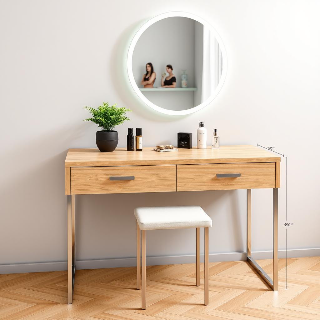 A stylish and modern dressing table design featuring smooth, minimalist lines