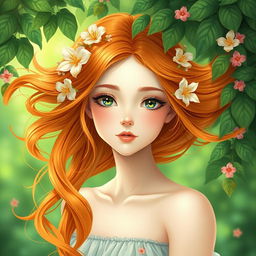 A beautiful, realistic girl with flowing orange hair adorned with flowers