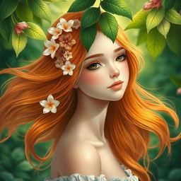 A beautiful, realistic girl with flowing orange hair adorned with flowers
