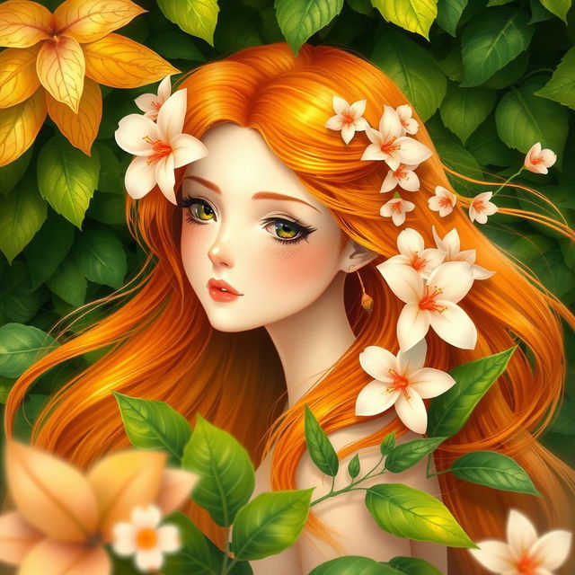 A beautiful, realistic girl with flowing orange hair adorned with flowers