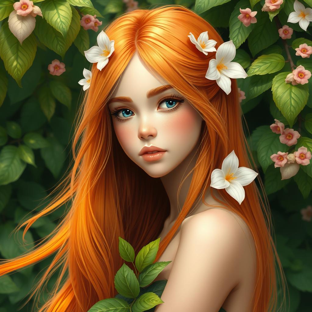 A beautiful, realistic girl with flowing orange hair adorned with flowers