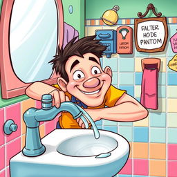 A humorous and exaggerated cartoon-style illustration depicting a character, a young adult male with a playful expression, leaning over a whimsical, colorful bathroom sink (lavobo) while interacting with a mischievous water faucet that sprays water in a playful manner
