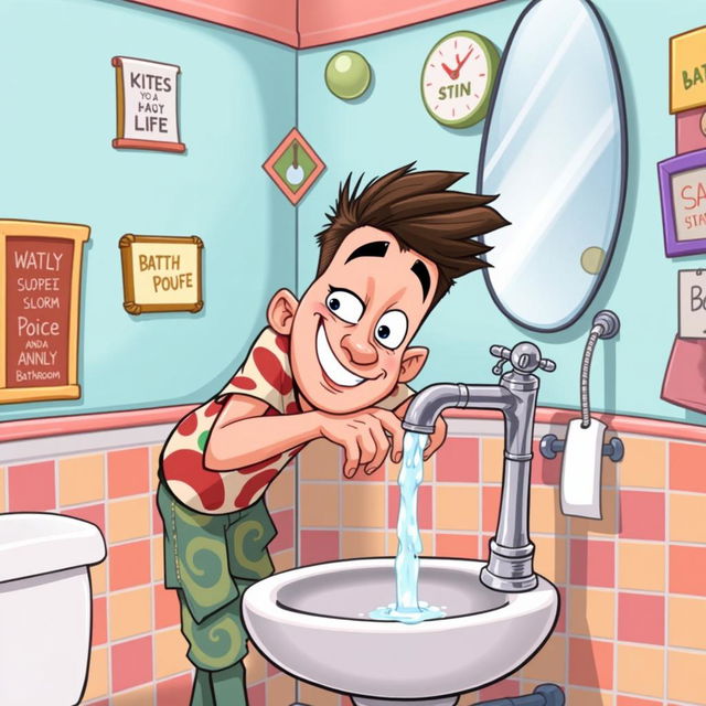 A humorous and exaggerated cartoon-style illustration depicting a character, a young adult male with a playful expression, leaning over a whimsical, colorful bathroom sink (lavobo) while interacting with a mischievous water faucet that sprays water in a playful manner