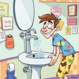 A humorous and exaggerated cartoon-style illustration depicting a character, a young adult male with a playful expression, leaning over a whimsical, colorful bathroom sink (lavobo) while interacting with a mischievous water faucet that sprays water in a playful manner