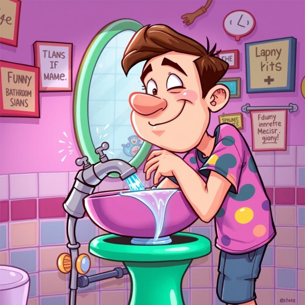 A humorous and exaggerated cartoon-style illustration depicting a character, a young adult male with a playful expression, leaning over a whimsical, colorful bathroom sink (lavobo) while interacting with a mischievous water faucet that sprays water in a playful manner