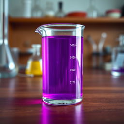 A beaker half-filled with a rich, vibrant purple liquid, placed on a wooden laboratory table