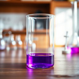 A beaker half-filled with a rich, vibrant purple liquid, placed on a wooden laboratory table