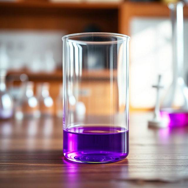 A beaker half-filled with a rich, vibrant purple liquid, placed on a wooden laboratory table