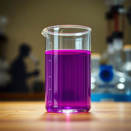 A beaker half-filled with a rich, vibrant purple liquid, placed on a wooden laboratory table