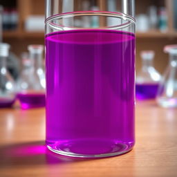 A beaker half-filled with a rich, vibrant purple liquid, placed on a wooden laboratory table