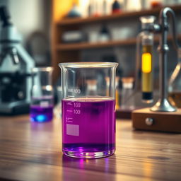 A glass beaker half filled with a vibrant purple liquid, sitting on a wooden laboratory bench