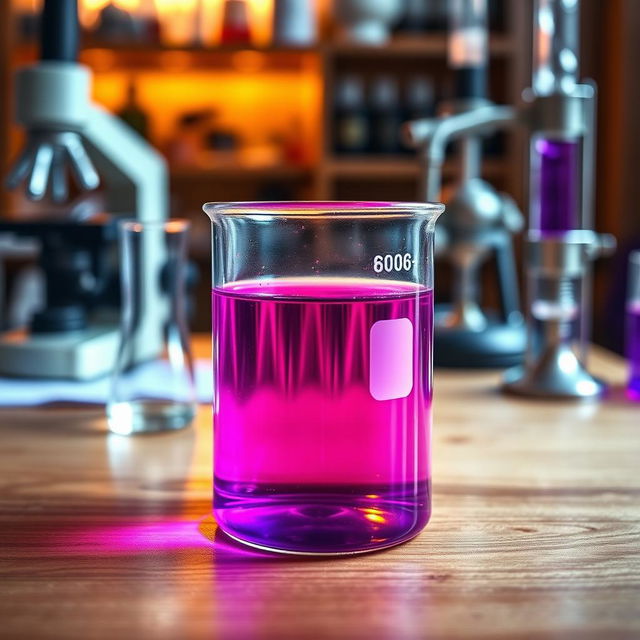 A glass beaker half filled with a vibrant purple liquid, sitting on a wooden laboratory bench