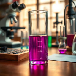 A glass beaker half filled with a vibrant purple liquid, sitting on a wooden laboratory bench