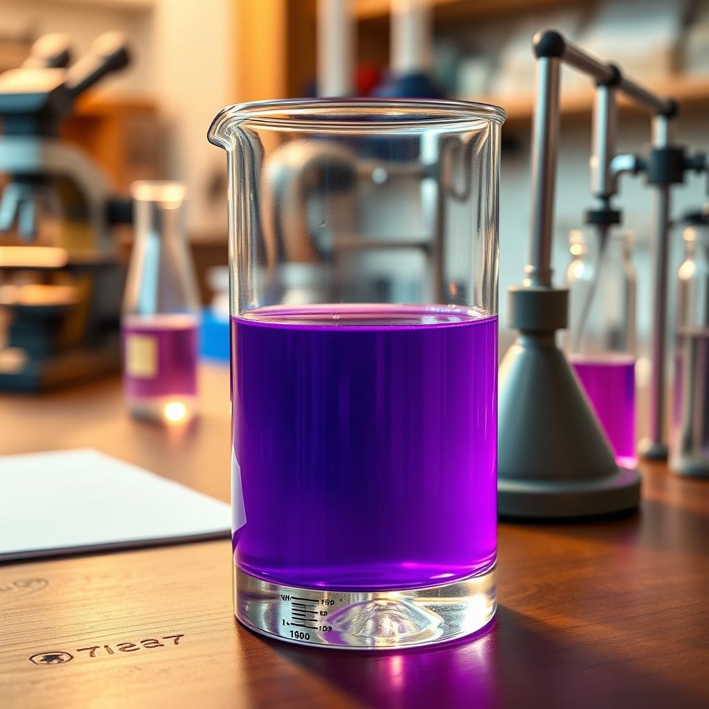 A glass beaker half filled with a vibrant purple liquid, sitting on a wooden laboratory bench