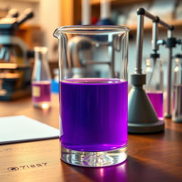 A glass beaker half filled with a vibrant purple liquid, sitting on a wooden laboratory bench