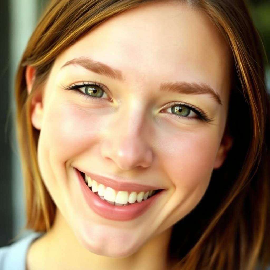 A close-up portrait of a person smiling, showcasing perfectly straightened teeth