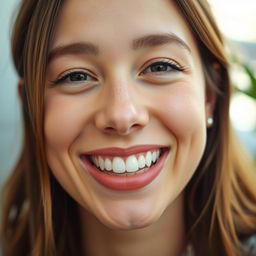 A close-up portrait of a person smiling, showcasing perfectly straightened teeth